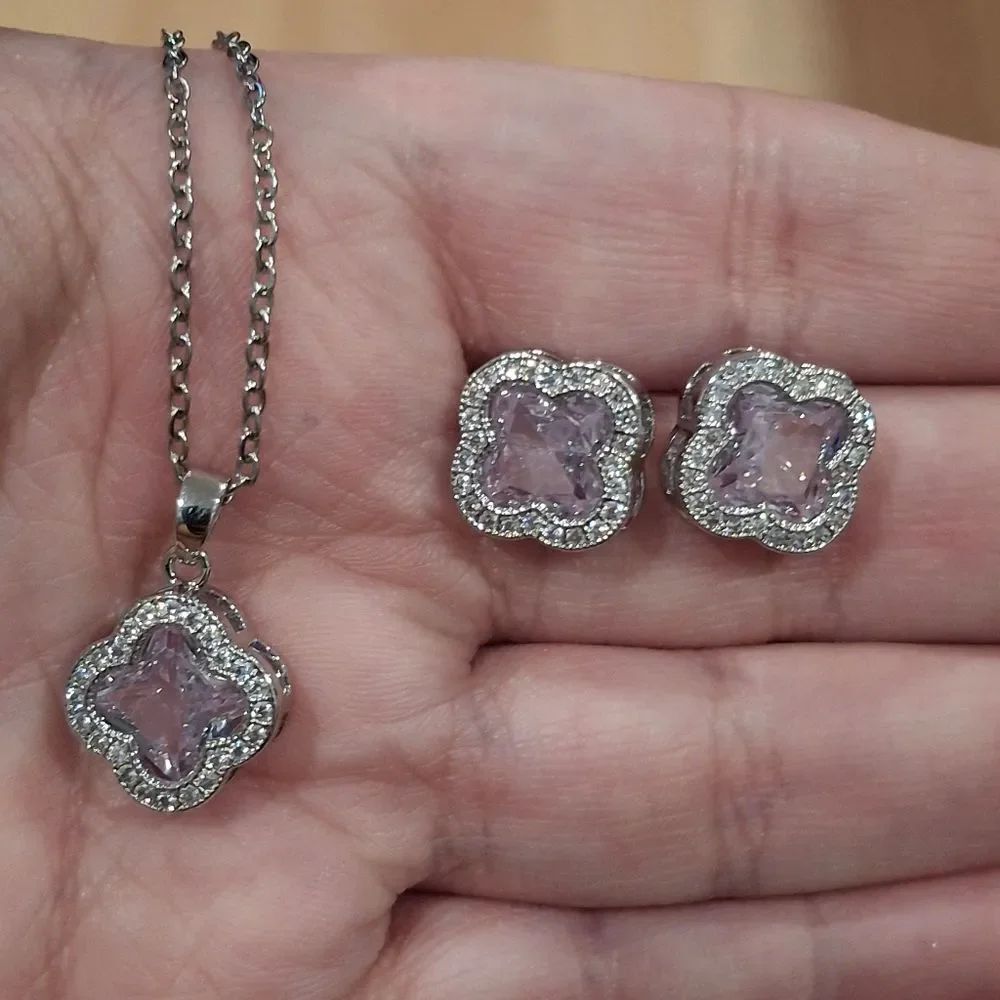 Silver Diamond Clover Necklace & Earring Set